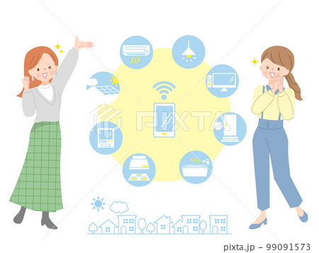 スマホで家電を遠隔操作する説明する女性達 スマホで家電を遠隔操作する説明する女性達 99091573