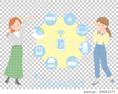 スマホで家電を遠隔操作する説明する女性達 スマホで家電を遠隔操作する説明する女性達 99091573