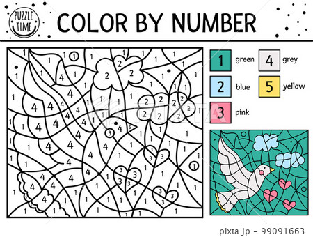 Vector Saint Valentine day color by number activity with dove, hearts and clouds. February holiday coloring and counting game with cute bird. Funny coloration page for kids with love symbol. Vector Saint Valentine day color by number activity with dove, hearts and clouds. February holiday coloring and counting game with cute bird. Funny coloration page for kids with love symbol. 99091663