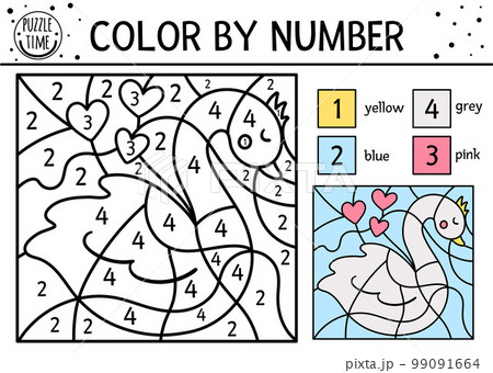Vector Saint Valentine day color by number activity with swan and hearts. February holiday coloring and counting game with cute bird. Funny coloration page for kids with love symbol. 99091664