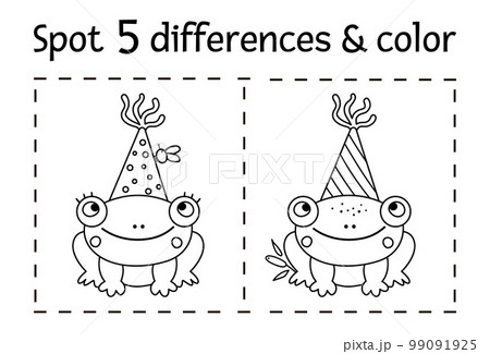 Birthday party find differences and color game for children. Anniversary black and white educational activity with funny frog in party hat and fly. Printable worksheet with smiling character. 99091925