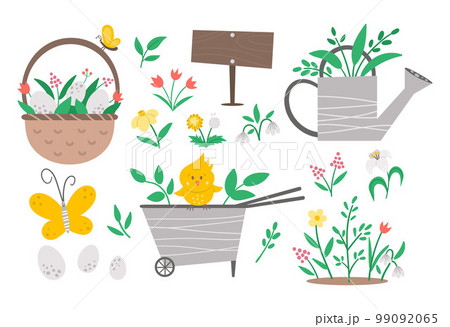 Vector cute garden and Easter icons pack. Wheel barrow, watering can, eggs, first flowers and plants isolated on white background. Flat spring gardening tool illustration for kids. 99092065