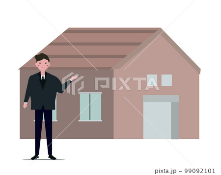 家の物件を紹介するビジネスマン。住宅内見会。ベクターイラスト 家の物件を紹介するビジネスマン。住宅内見会。ベクターイラスト 99092101