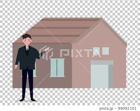 家の物件を紹介するビジネスマン。住宅内見会。ベクターイラスト 家の物件を紹介するビジネスマン。住宅内見会。ベクターイラスト 99092101