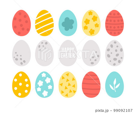 Vector Easter colored eggs set. Spring flat decorative elements. Holiday icons collection isolated on white background 99092107