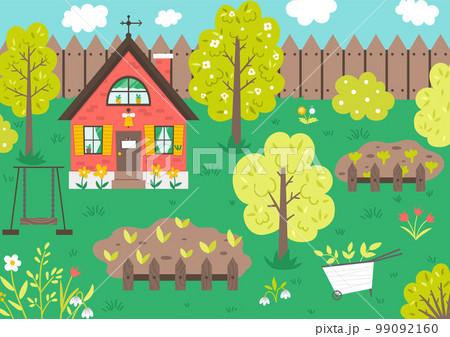 Vector garden scene with trees, country house, vegetable beds, flowers, swing. Spring gardening scenery. Cute cottage illustration. Rural landscape. Farm living concept 99092160