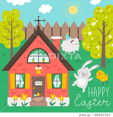 Vector square happy Easter greeting card template with bunny, chick and sheep. Garden scene with cute country house and animals. Spring gardening scenery. Holiday illustration with rabbit Vector square happy Easter greeting card template with bunny, chick and sheep. Garden scene with cute country house and animals. Spring gardening scenery. Holiday illustration with rabbit 99092162