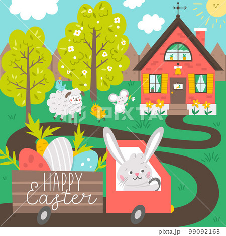 Vector square happy Easter greeting card template with bunny driving the car with eggs and carrots to country house. Garden scene with cute animals. Spring gardening scenery. Holiday illustration Vector square happy Easter greeting card template with bunny driving the car with eggs and carrots to country house. Garden scene with cute animals. Spring gardening scenery. Holiday illustration 99092163