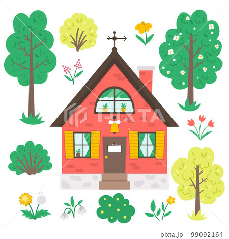 Vector set with garden or trees, plants, flowers and country house isolated on white background. Flat spring farm illustration with cottage. Natural greenery icons collection Vector set with garden or trees, plants, flowers and country house isolated on white background. Flat spring farm illustration with cottage. Natural greenery icons collection 99092164