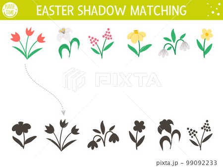 Easter shadow matching activity for children. Fun spring puzzle with cute first flowers. Holiday celebration educational game for kids. Find the correct silhouette printable worksheet. 99092233