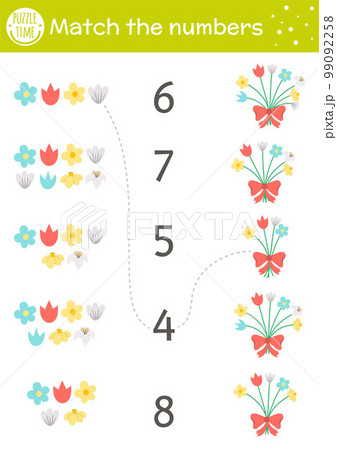 Easter matching game with bouquet of spring flowers. Holiday math activity for preschool children with plants. Educational printable counting worksheet with cute funny elements for kids Easter matching game with bouquet of spring flowers. Holiday math activity for preschool children with plants. Educational printable counting worksheet with cute funny elements for kids 99092258