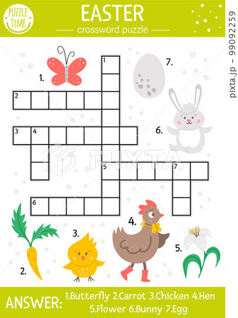 Vector Easter crossword puzzle for kids. Simple spring quiz with holiday objects and animals for children. Educational activity with traditional symbols and garden theme Vector Easter crossword puzzle for kids. Simple spring quiz with holiday objects and animals for children. Educational activity with traditional symbols and garden theme 99092259