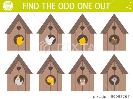 Easter find odd one out activity for children with nestlings in bird houses. Fun spring puzzle with cute little birds in starling. Holiday celebration educational game, printable worksheet for kids. Easter find odd one out activity for children with nestlings in bird houses. Fun spring puzzle with cute little birds in starling. Holiday celebration educational game, printable worksheet for kids. 99092267
