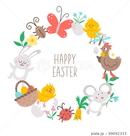 Vector round frame with Easter elements. Spring concept wreath. Design for banners, posters, invitations. Cute religious holiday card template with egg, bunny, animals, birds, flowers. 99092355