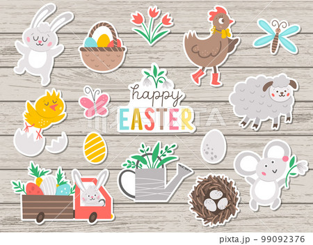 Vector set of Easter stickers. Collection of cute characters and objects with Spring concept. Bunny, funny animals, eggs and birds on wooden background. Religious holiday patches pack 99092376