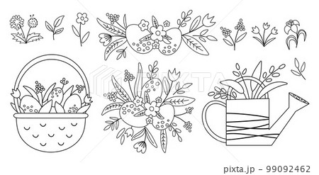 Vector black and white cute garden and Easter icons pack or coloring page. Outline wheel barrow, watering can, eggs, flowers and plants. Spring gardening tool illustration for kids. 99092462