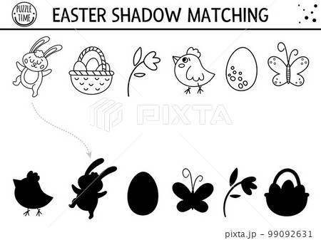 Easter black and white shadow matching activity for children. Outline spring puzzle with cute holiday symbols. Educational game for kids with eggs, basket, bunny. Find the correct silhouette Easter black and white shadow matching activity for children. Outline spring puzzle with cute holiday symbols. Educational game for kids with eggs, basket, bunny. Find the correct silhouette 99092631