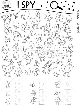 Easter black and white I spy game for kids. Outline searching and counting activity for preschool children with traditional holiday objects. Funny spring printable worksheet for kids. Simple coloring 99092636