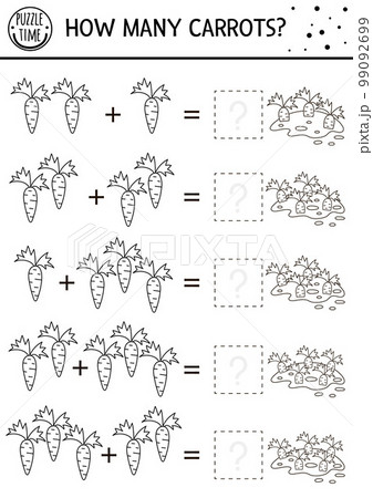 Easter black and white counting game with carrots. Holiday activity for preschool children with garden theme. Educational spring printable math worksheet. Addition puzzle or coloring page for kids 99092699