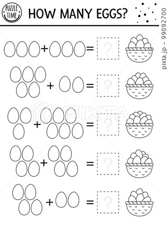 Easter black and white counting game with colored eggs and basket. Holiday activity for preschool children. Spring printable math worksheet. Addition puzzle or coloring page for kids 99092700