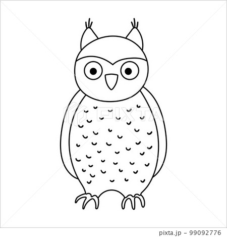 Vector hand drawn black and white owl. Funny woodland outline animal. Cute forest bird illustration. 99092776