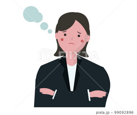 腕を組んで悩むビジネスウーマン。難しい問題に困るスーツ姿の男性。ベクターイラスト 99092896