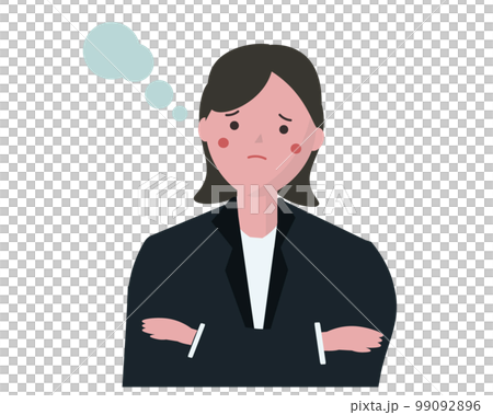 腕を組んで悩むビジネスウーマン。難しい問題に困るスーツ姿の男性。ベクターイラスト 99092896