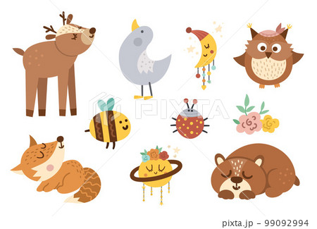 Vector woodland baby animals, insects and birds collection. Boho forest set. Bohemian little fox, owl, bear, deer, ladybug, goose with flowers, planet, half moon. Celestial pack with cute characters. 99092994