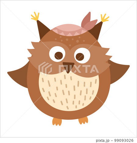 Vector hand drawn baby owl with band on the head. Cute bohemian style little woodland bird icon isolated on white background. Sweet boho forest illustration for card, print, stationery design. 99093026