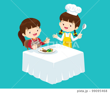 cute little chef kids serving food to table 99095468