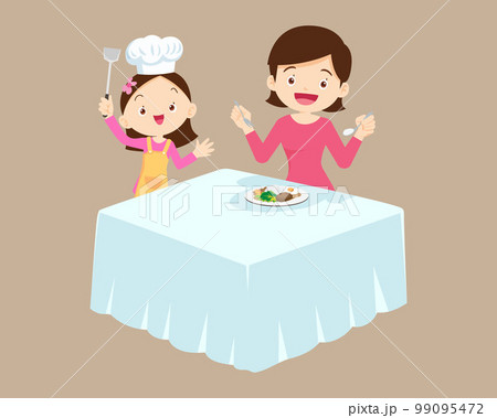 cute little chef kids serving food to table 99095472