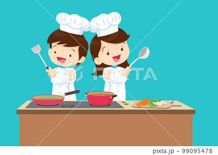 Cute Boy and Girl cooking in the kitchen. happy little chef kids 99095478