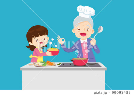 lovely grandmother and child girl cooking in kitchen okay gesture lovely grandmother and child girl cooking in kitchen okay gesture 99095485