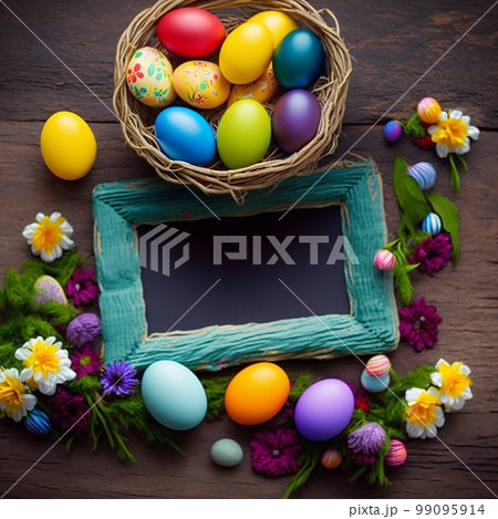 Wicker basket with colorful easter eggs on a wooden background, space for text 99095914