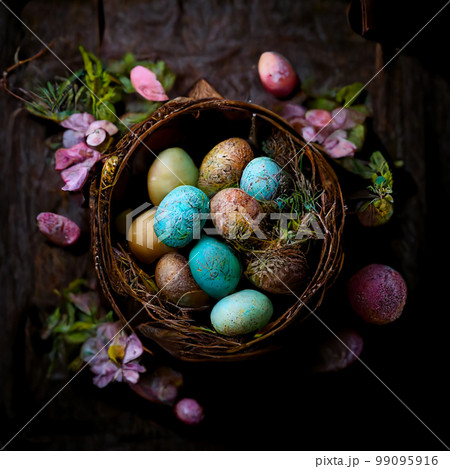 Wicker basket with colorful easter eggs on a wooden background, family rustic concept. Generated AI	 99095916