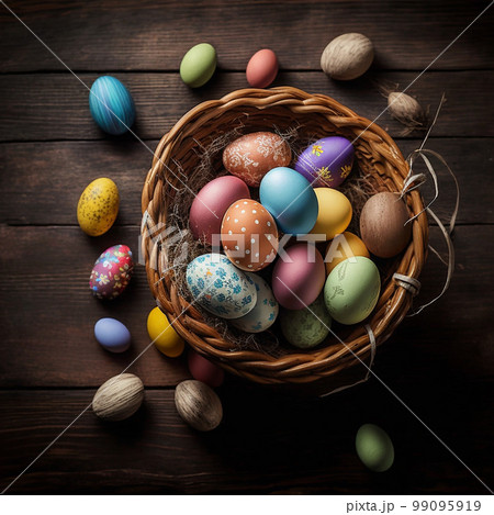 Wicker basket with colorful easter eggs on a wooden background, family rustic concept. Generated AI	 99095919