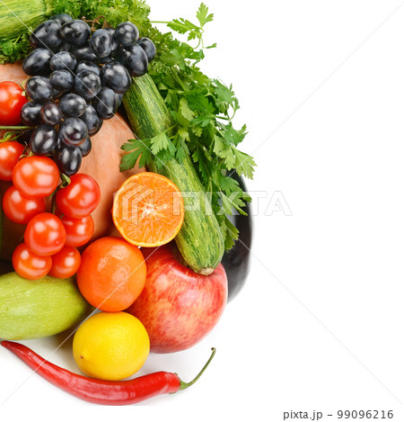 Fruits and vegetables isolated on white. Free space for text. Fruits and vegetables isolated on white. Free space for text. 99096216