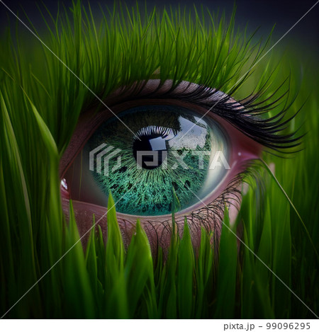 Human eye among green grass, grass on eyelashes. Unusual illustration for design, natural background for bio cosmetics Human eye among green grass, grass on eyelashes. Unusual illustration for design, natural background for bio cosmetics 99096295