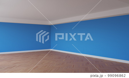 Corner of the Blue Interior with a White Ceiling and Cornice, Glossy Parquet 99096862