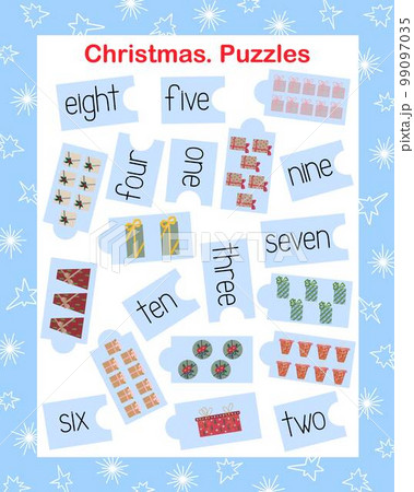 Christmas gifts winter holiday symbol, puzzle print and cut leaning numbers, vector illustration, English language practice and mathematics, educational counting game worksheet, teachers resources Christmas gifts winter holiday symbol, puzzle print and cut leaning numbers, vector illustration, English language practice and mathematics, educational counting game worksheet, teachers resources 99097035