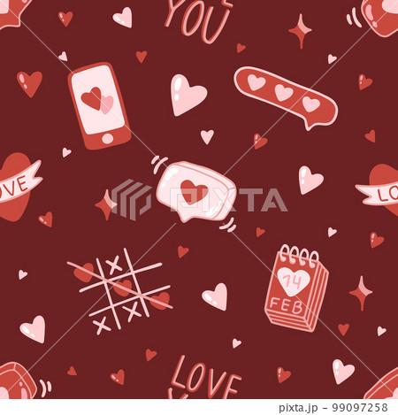 Valentine s day. love concept cute vector illustration seamless pattern with hearts, love, flowers, envelope, arrows, cup of coffee and cupcakes. 99097258