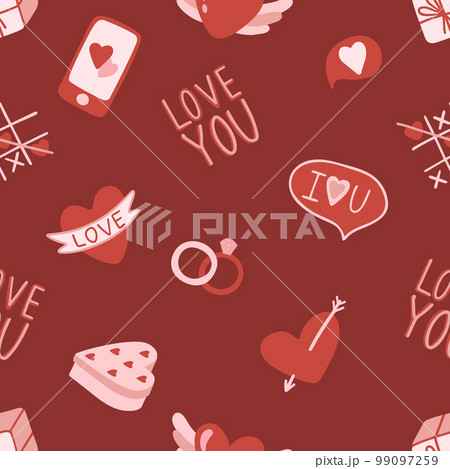 Valentine s day. love concept cute vector illustration seamless pattern with hearts, love, flowers, envelope, arrows, cup of coffee and cupcakes. 99097259