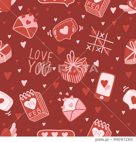 Valentine s Day seamless pattern with hand drawn elements on bright background. Flower, letter, coffee. Background for gift wrapping or fabric design. 99097260