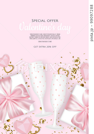 Happy Valentines Day. Realistic 3d design of festive objects gift box, heart, gold confetti. Holiday banner, web poster, flyer, stylish brochure, greeting card, Vector illustration Happy Valentines Day. Realistic 3d design of festive objects gift box, heart, gold confetti. Holiday banner, web poster, flyer, stylish brochure, greeting card, Vector illustration 99097288