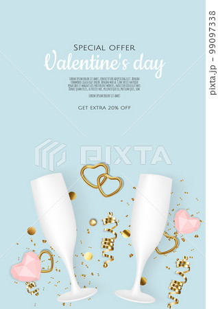 Greeting vector card for Valentine s Day with heart, gift, champagne glasses, confetti, sweets. Greeting vector card for Valentine s Day with heart, gift, champagne glasses, confetti, sweets. 99097338