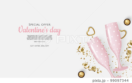 Greeting vector card for Valentine s Day with heart, gift, champagne glasses, confetti, sweets. Greeting vector card for Valentine s Day with heart, gift, champagne glasses, confetti, sweets. 99097344