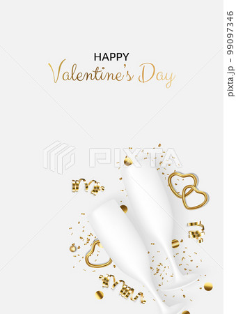 Greeting vector card for Valentine s Day with heart, gift, champagne glasses, confetti, sweets. Greeting vector card for Valentine s Day with heart, gift, champagne glasses, confetti, sweets. 99097346