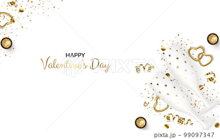 Greeting vector card for Valentine s Day with heart, gift, champagne glasses, confetti, sweets. Greeting vector card for Valentine s Day with heart, gift, champagne glasses, confetti, sweets. 99097347