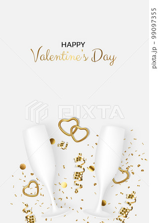 Greeting vector card for Valentine s Day with heart, gift, champagne glasses, confetti, sweets. Greeting vector card for Valentine s Day with heart, gift, champagne glasses, confetti, sweets. 99097355