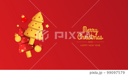 Christmas bright trees. Happy New Year and Merry Christmas. Realistic 3d design of objects, snowflakes,christmas ball. Vector illustration 99097579